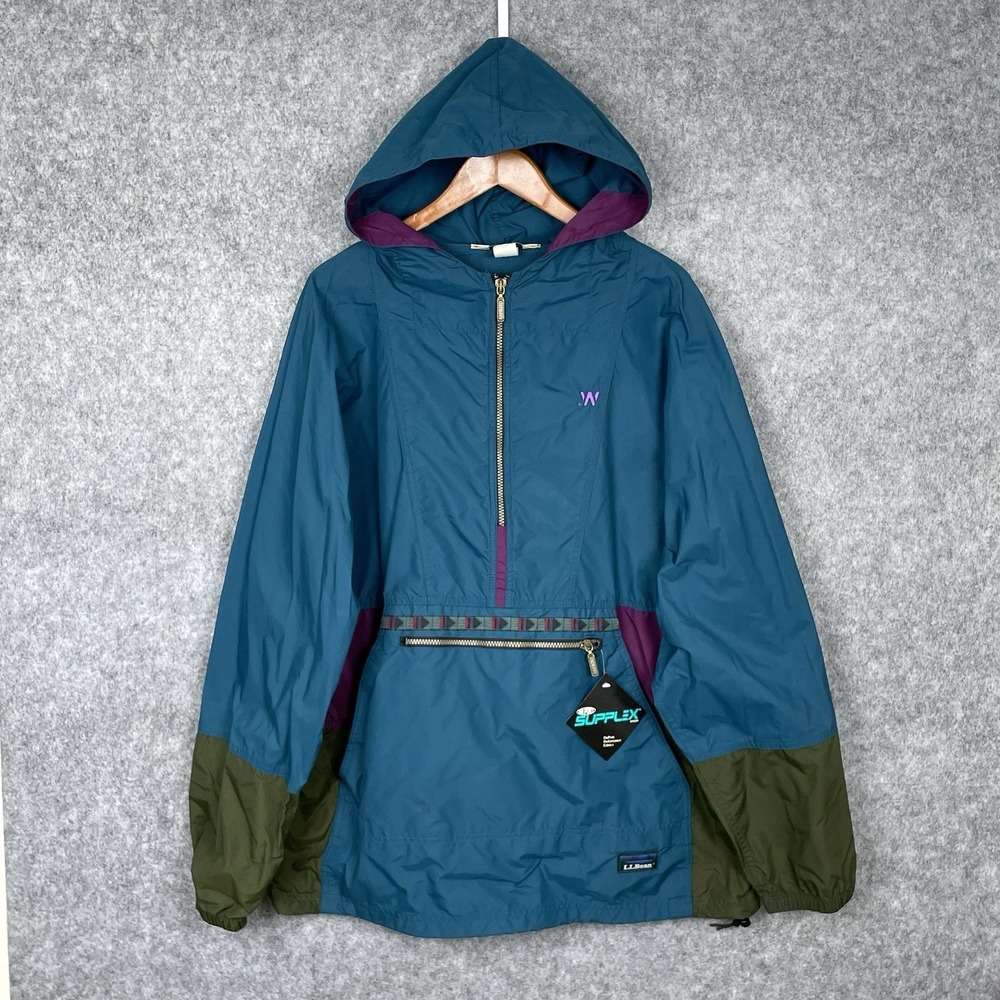 VTG LL Bean Aztec Print Pullover Anorak Jacket Mens XL Teal Hood Travel Outdoor